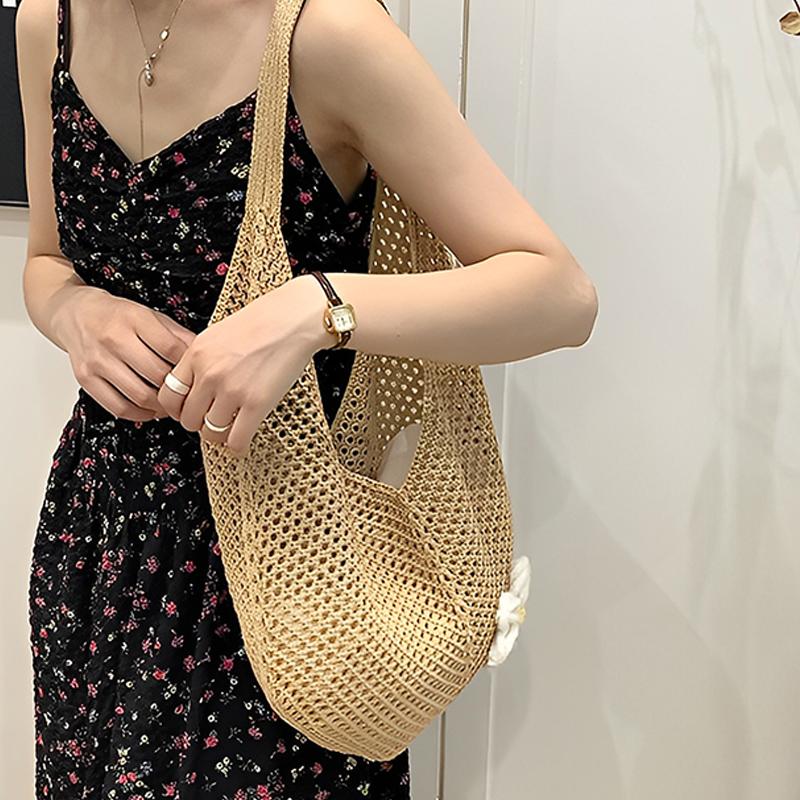 Women'S Braided Bag Korean Style Shoulder Tote Bag Lazy Style Knitted Hollow Flower Beach Bag