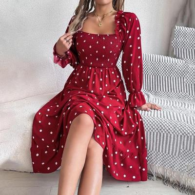 Женское осенне-зимнее платье с длинным рукавом, высокой талией, шнуровкой и плиссировкой, однотонное в горошек, элегантное