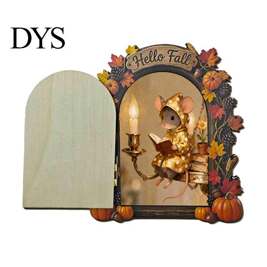 Fall Home Decor Accents Elf Wooden Door Halloween Decor, 2D Fairy Mouse Miniature Wall Rustic Autumn Shelf Hanging, Ornament for Home, Thanksgiving