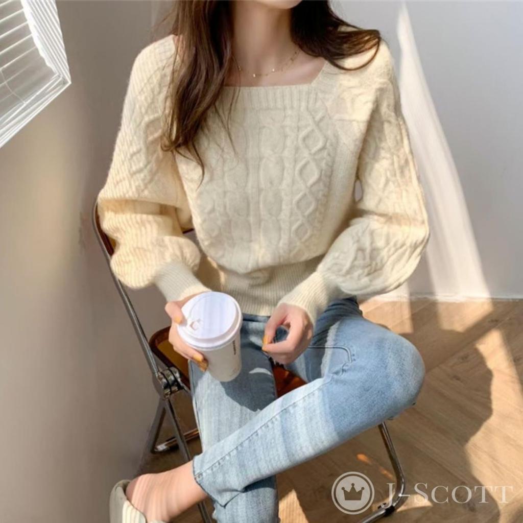 J-Scott Women's Cable Knit Pullover Sweater with Square Neck, Puff Sleeves, and Short Length, Ivory, JS125-IV-S