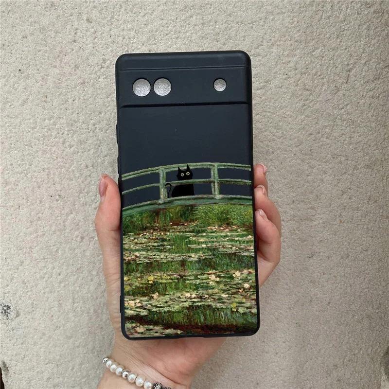 Phone Case for Google Pixel 9 9Pro XL 8A 7a 6 6a 5G 7 Pro 8 8Pro Case Cute Silcone Retro Oil Painting Van-Gogh Cat Fundas