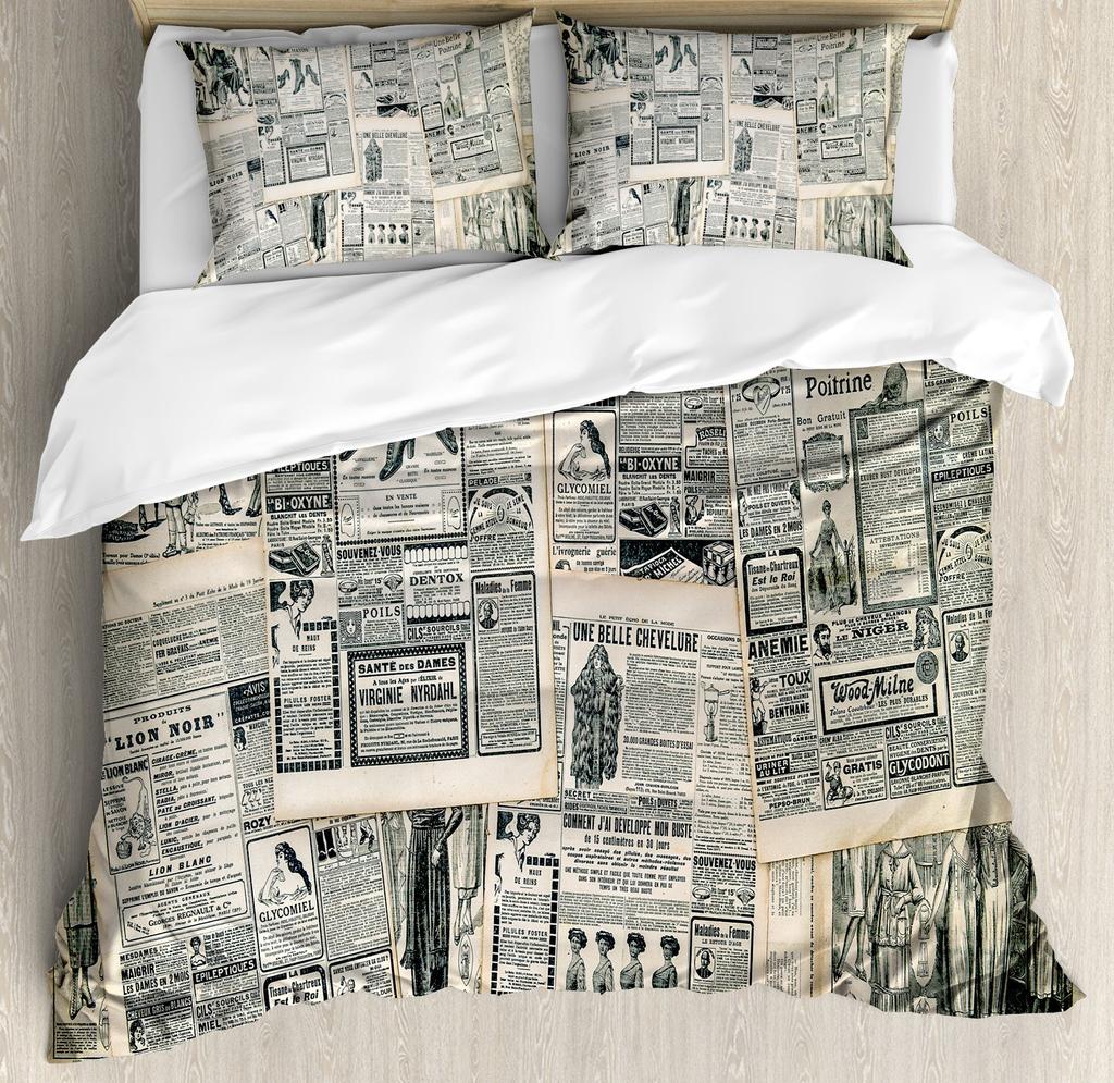 Old Newspaper Duvet Cover Set Vintage French Bedding Set Brown Quilt Cover For Kids Boys Girls Teens Polyester Comforter Cover