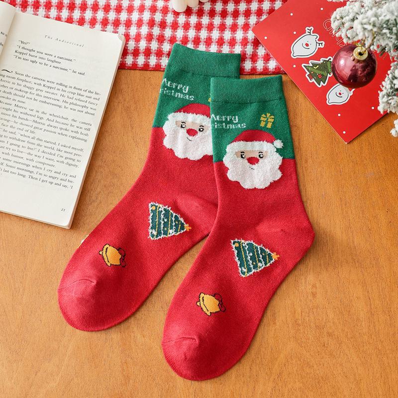 European & American Christmas Cartoon Santa Socks - Unisex Autumn/Winter Mid-Tube Cotton In Red