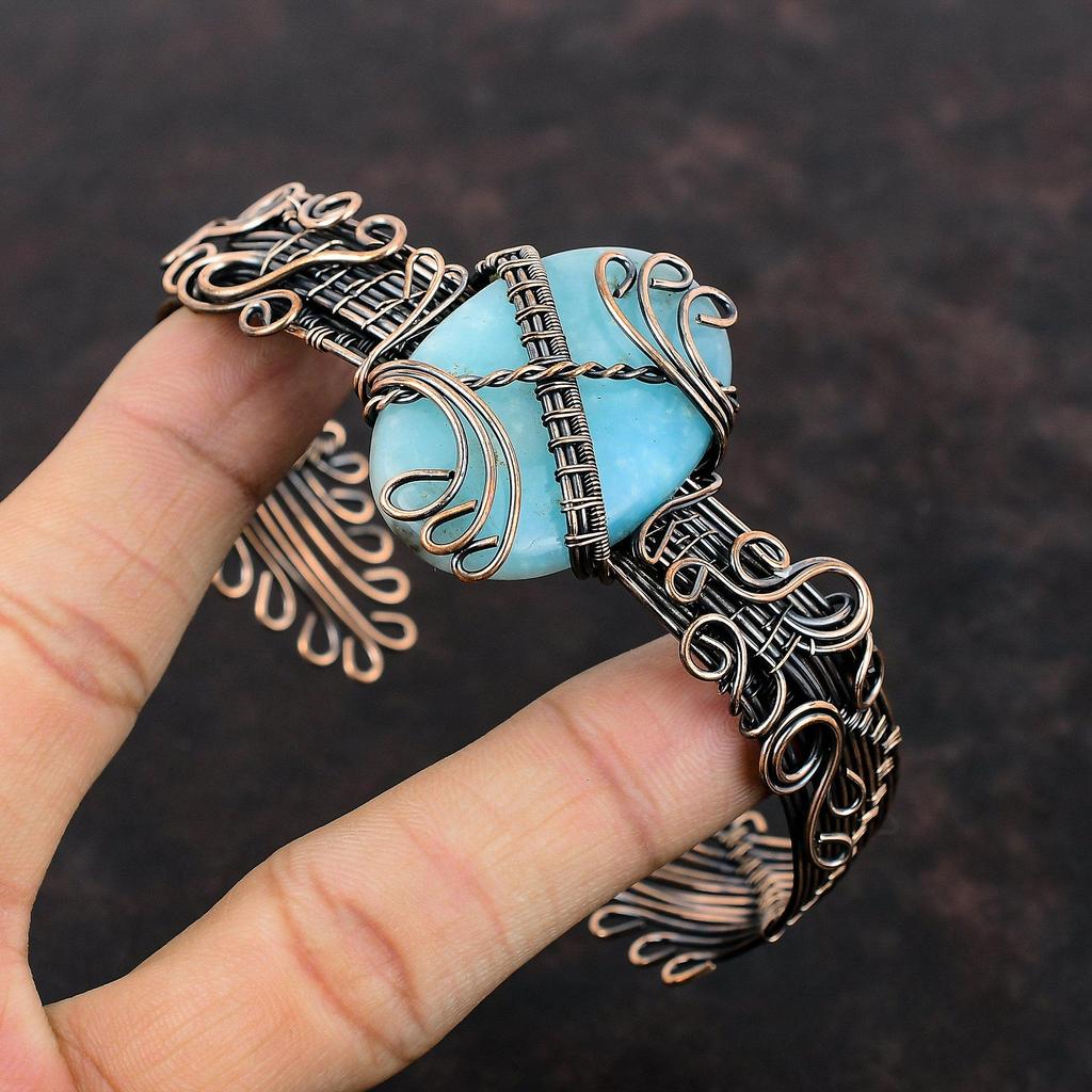 Hemimorphite Gemstone Cuff Bracelet Copper Wire Wrapped Bangle Adjustable Cuff Bracelet Copper Wire Wrapped Jewelry Handmade Bangle For Gift