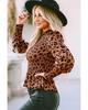 Azura Exchange Brown Leopard Smocked Puff Sleeve Peplum Top