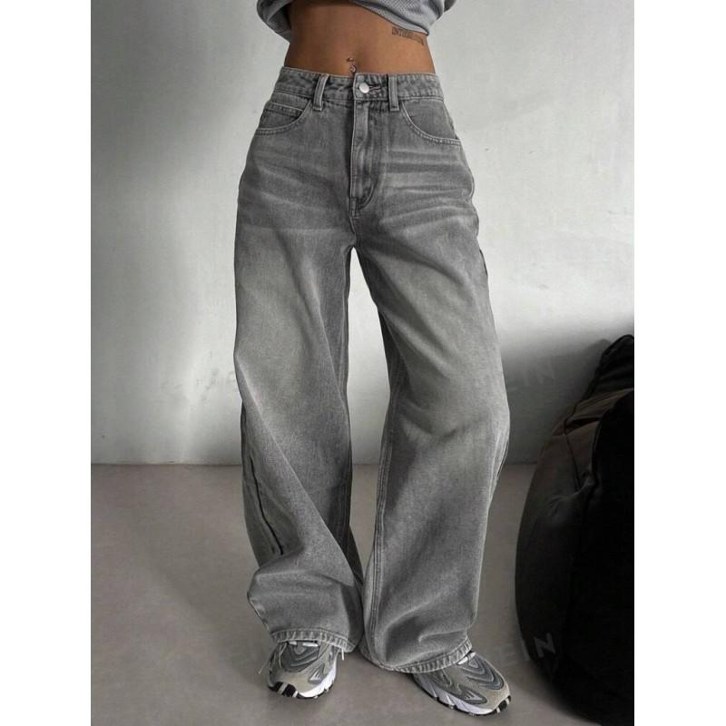 High-Waisted Wide-Leg Denim Jeans Women Fall Streetwear Loose Fit Straight Cut Gray Cotton Blend