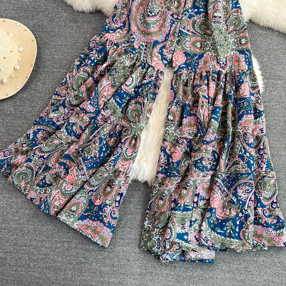 Summer Bohemian Vacation Beach Pants Elegant High Elastic Waist Wide Leg Printed Trouser Casual Flare Fladas New Fashion