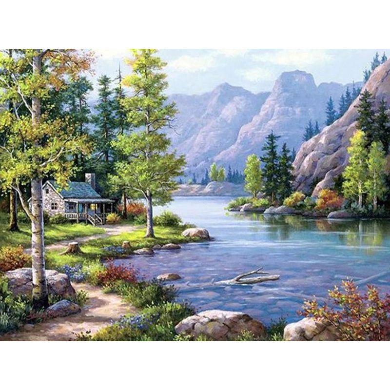 Diamond Full Waterfall Round Painting Home Decor Diamond Embroidery Mountain Tree Scenery Mosaic Sticker Decor