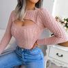 Женский свитер с круглым вырезом, длинными рукавами, полым дизайном на груди, вязаный топ с текстурой «косичка», однотонный, приталенный трикотаж
