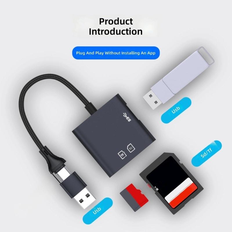 Высокоскоростной USB 3.0 кардридер с двойными разъемами USB A и USB C для карт TF, алюминиевый корпус, драйверы не требуются