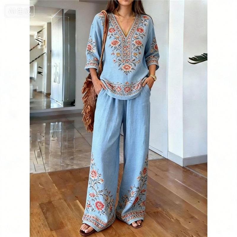 1D New Vacation Casual Suit Women's Bohemian Printed Cotton and Linen Shirt Wide Leg Pants Two-piece Set