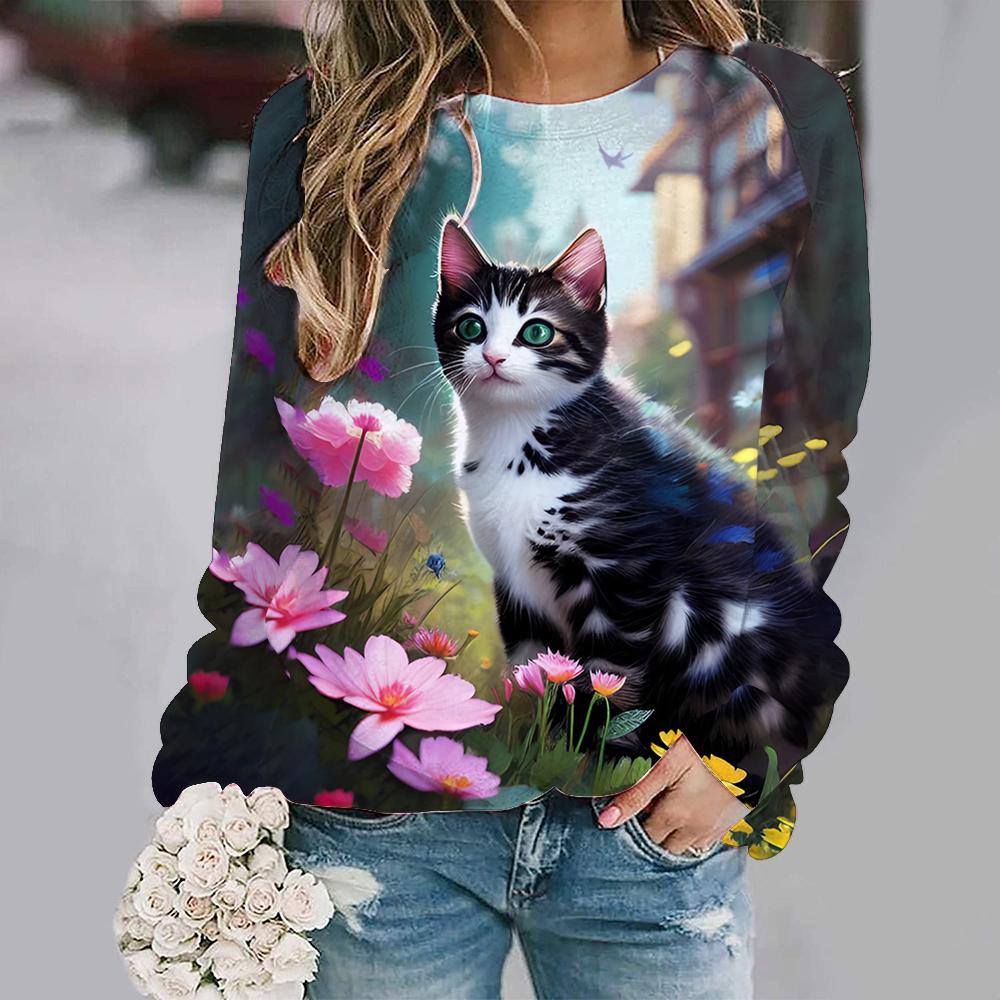 Милые кошачьи цветочные толстовки с 3D-принтом и животными, женские повседневные толстовки с длинным рукавом, уличная одежда Y2k, пуловеры, верхняя женская одежда