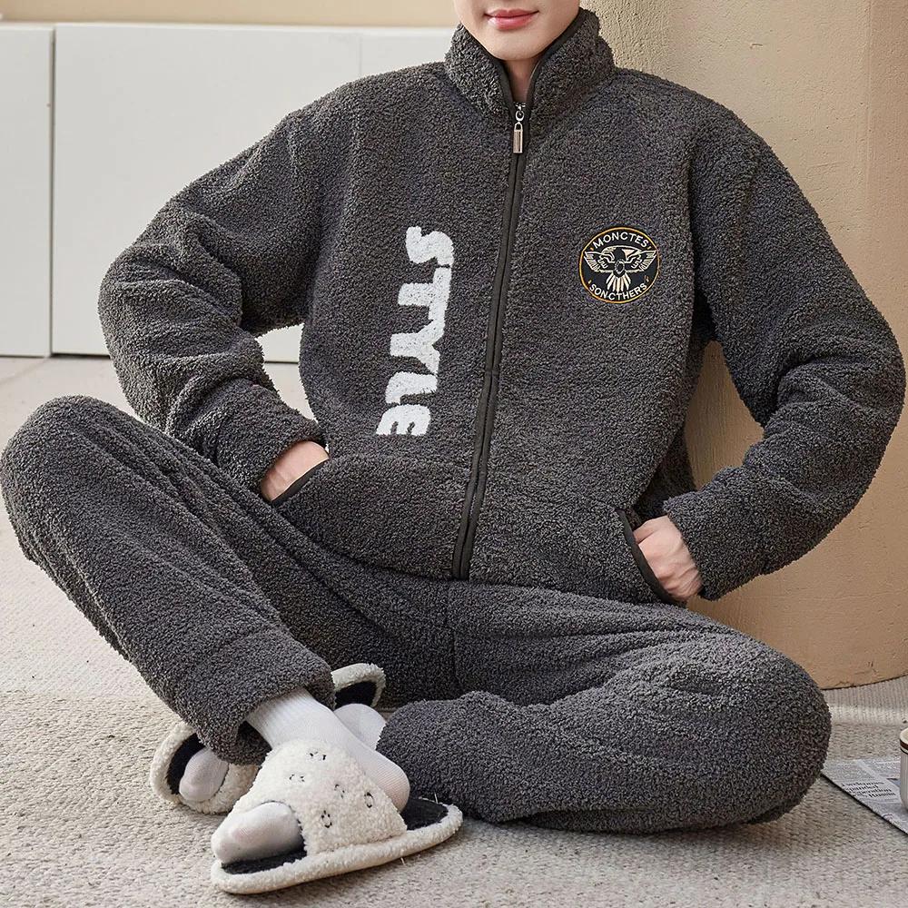 Мужская зимняя теплая пижама, пижамный комплект, мужская фланелевая пижама, домашняя одежда, бархат, коралловый бархат