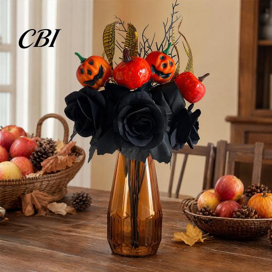Autumn Harvest Bouquet Halloween Flowers Decorations, Black Artificial with Pumpkin Rose Eucalyptus Maple Leaf And Orange Floral Stems, Indoor