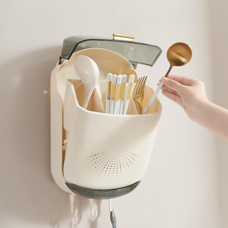 Wall-Mounted Dustproof Chopstick Holder Multi-functional Cutlery Holder Kitchen Knife Fork Spoon Container with Lid for Drainage