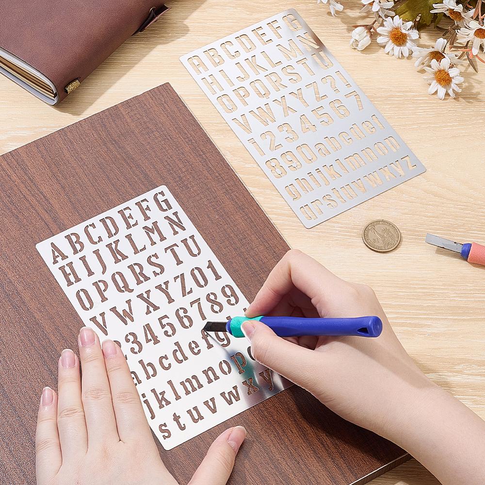 2Pcs 2 Styles Alphabet 304 Stainless Steel Hollow Out Drawing Painting Stencils for DIY Scrapbook Photo Album Stainless Steel Color Letter A~Z