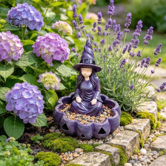 Кормушка для птиц «Медитирующая ведьма», Садовая кормушка, Хэллоуин, Сидячая статуэтка из смолы, Декоративная уличная скульптура, Настенная кормушка для террасы