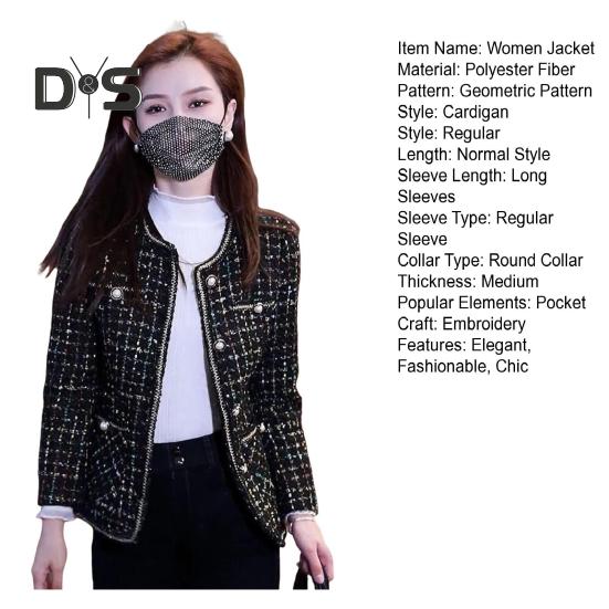 Женский твидовый пиджак с длинным рукавом, застегивающийся на пуговицы, укороченный блейзер с карманами, двубортное пальто в сетку для осени и зимы