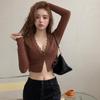 Crop Top Casual T Shirt Solid Color Button Down Lace Patchwork Long Sleeve Slim Fit Cardigan Jacket for Women