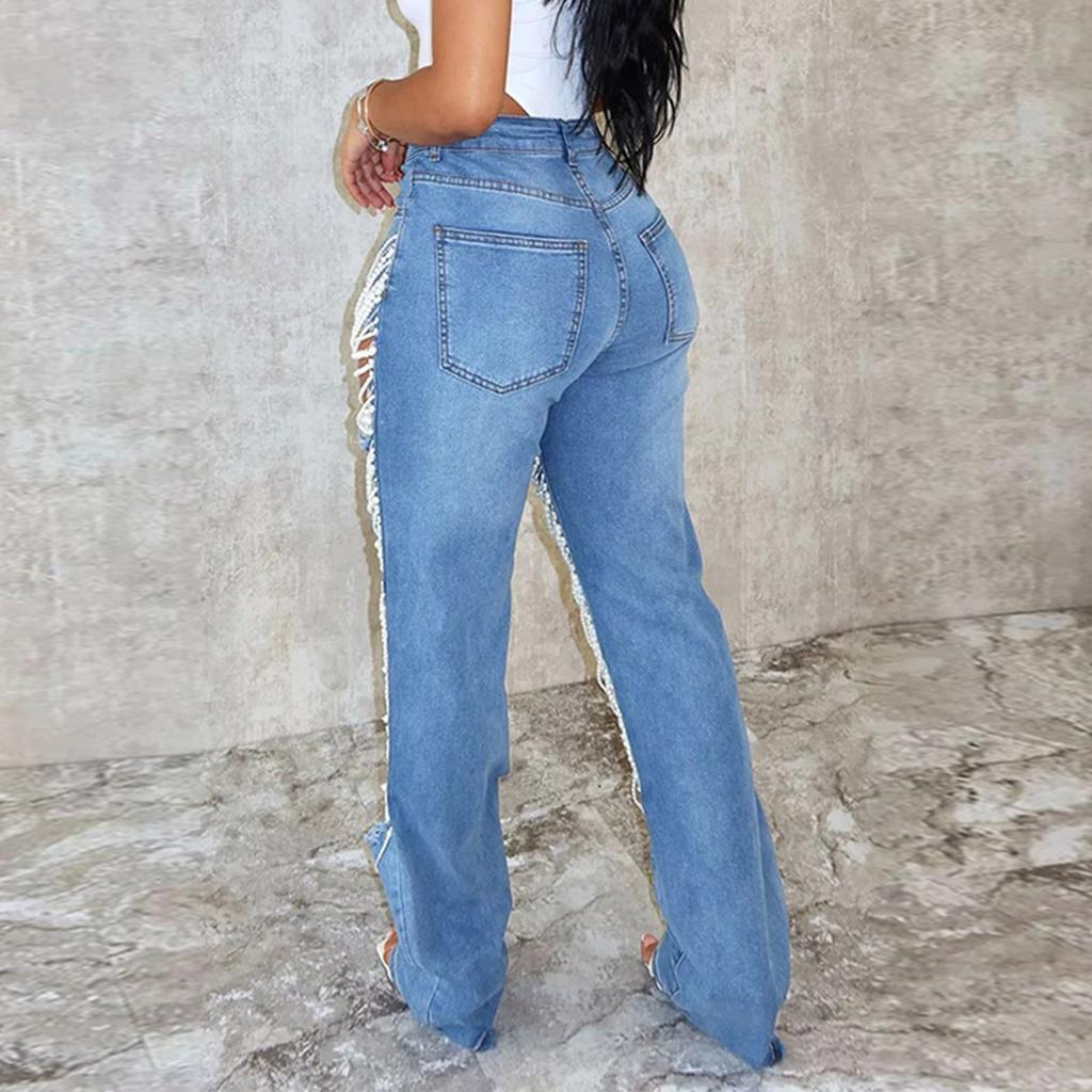 Broken Hole Heavy Industry Nail Bead Elastic Jeans Pants For Women