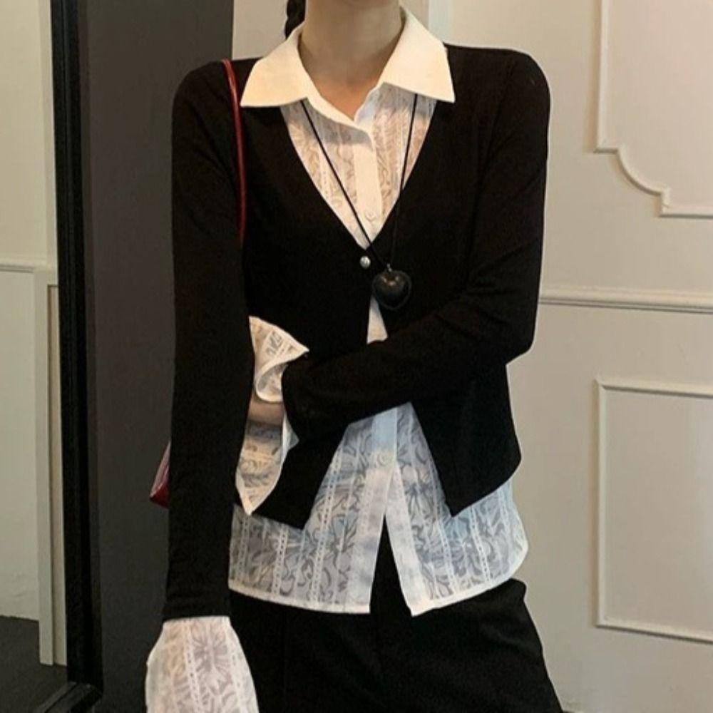 Korean Style False Two-piece Top Slim Fit Knitted Top Women Lace Shirts Knitwear Spring Autumn