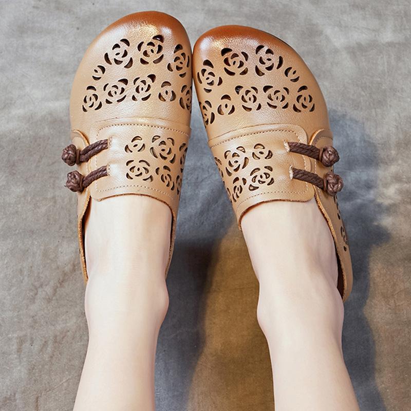 Summer Cowhide Chunky Heel Soft Bottom Leather Sandals Women Retro Cave Shoes