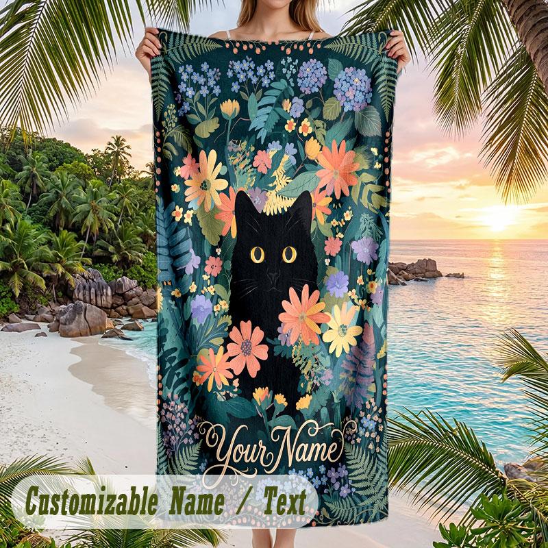 Floral Cat Portrait 1 Theme Quick Dry Beach Towel Custom Name Text Print Large Sand Resistant Towel Beach Vacation