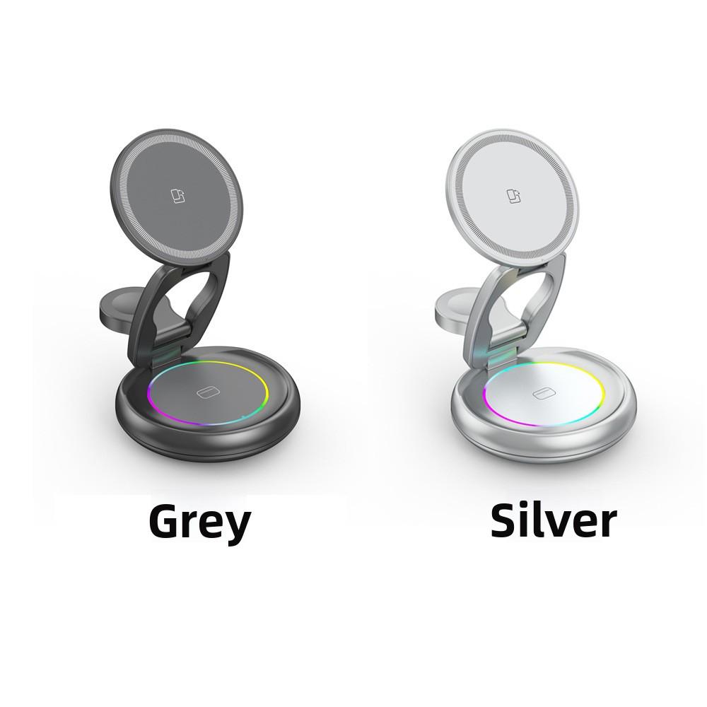 15W 3 in 1 Foldable Magnetic Wireless Charging Station 360 Rotation Fast Charging Stand for Phone Earbuds Smart Watch