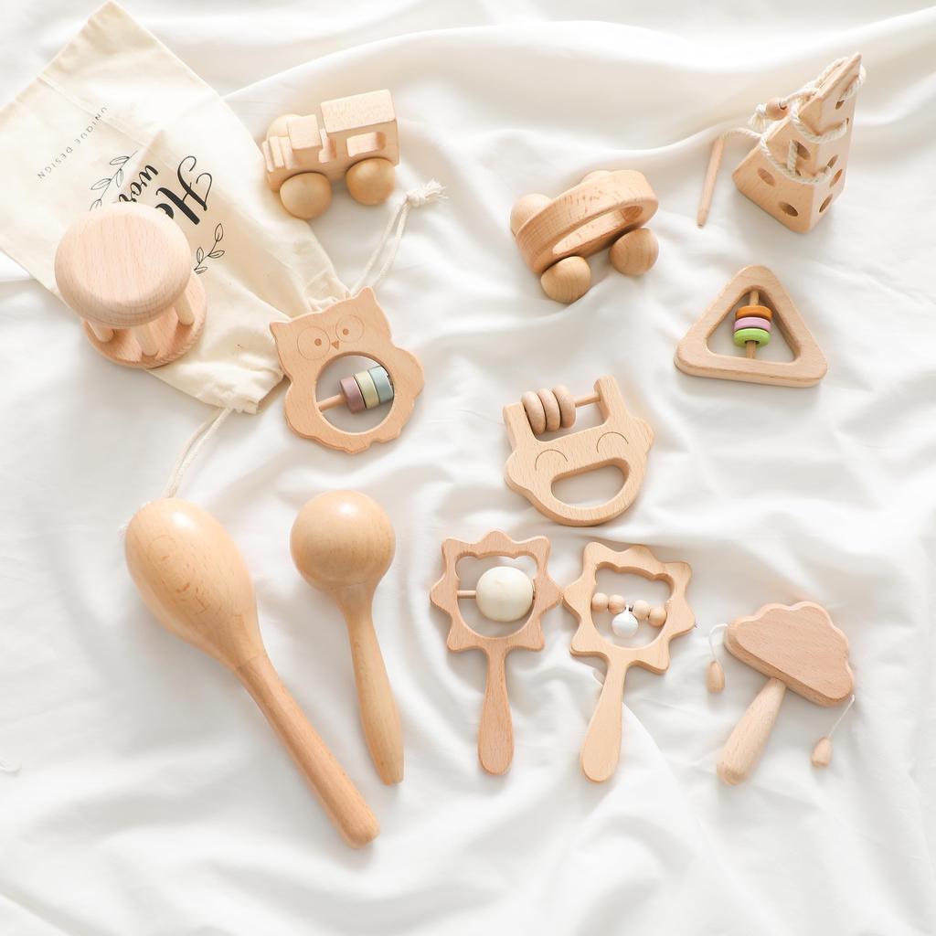 Игрушка-погремушка Promise Babe, погремушка из натурального дерева, подарок для ребенка, роскошный набор из 12 предметов, погремушка для малышей, елка, качающийся звук, детский подарок, подарок для новорожденного, коробка для хранения
