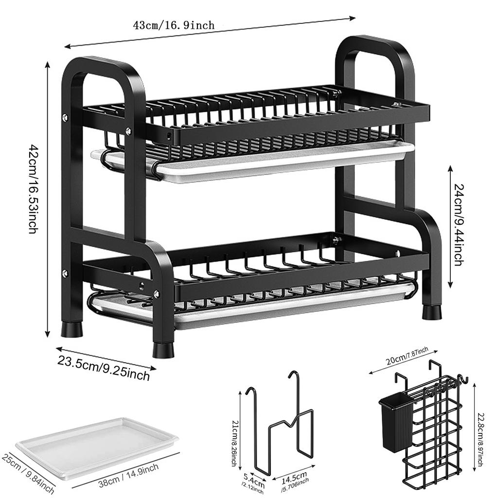 Large Dish Drying Rack for Kitchen 2-Tier Rust-Resistant Dish Rack with Utensil Holder&Cutting Board Holder Dish Drainer Black