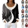 Women's Fashion Plush V Neck Pullover Top Long Sleeve Tee Printed Sweatshirt
