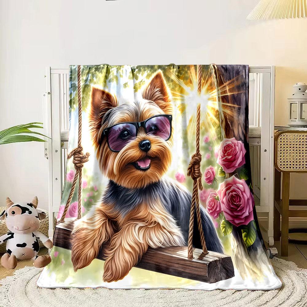 Yorkie on Swing with Sunglasses print blanket soft and cozy perfect for the living room bed sofa or a nap,gift