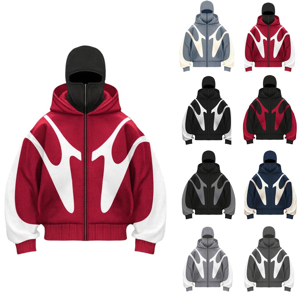 Men's Oversized Zip Up Hoodie Color Block Long Sleeve Hooded Sweatshirts Retro Jacket Hoodie