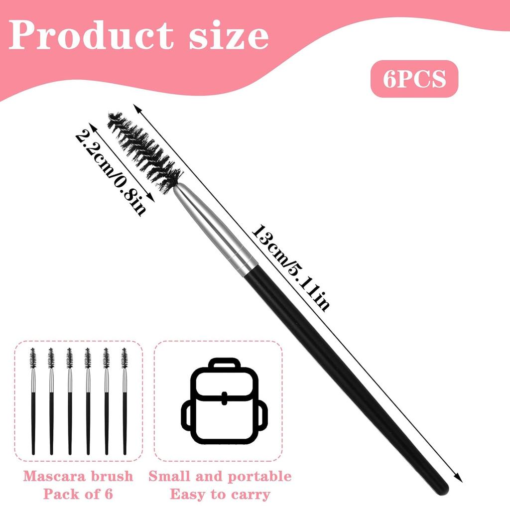 6 Pack Eyelash Brush Eyebrow Spoolie Reusable Mascara Brush Wands Black Portable Eye Brushes Makeup Lash Spoolies Set for Eyelash Extension Makeup