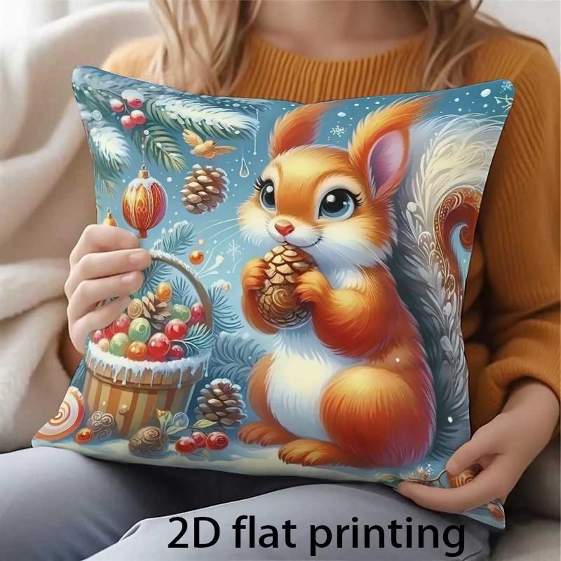 2D Flat Print 1pc Cute Squirrel Pattern Double-Sided Printed Pillowcase, Holiday Christmas Home Decor Cushion Cover with Zipper Closure, Machine Washa