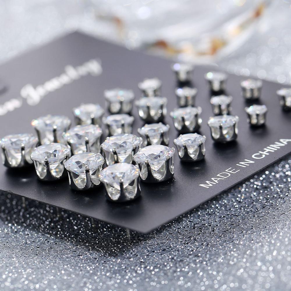 6/12Pairs Elegant Wedding Jewelry Gift Geometric Crystal Stud Earrings Set Round Zircon Alloy Silver