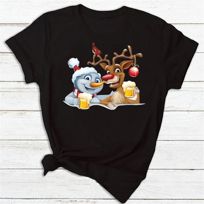 Christmas Theme Cartoon Graphic T Shirt Unisex Women Unisex Streetwear Cute Santa Claus Reindeer Print Casual Short Sleeve