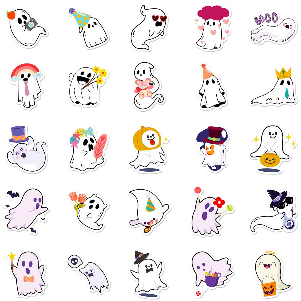 50 Halloween Series White Ghost Stickers Cute Cartoon Festival DIY Decoration Stickers