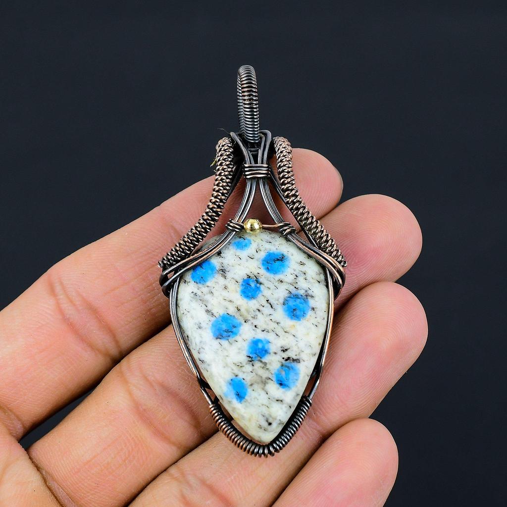 K2 Azurite Gemstone Pure Copper Wire Wrapped Handmade Pendant Jewelry