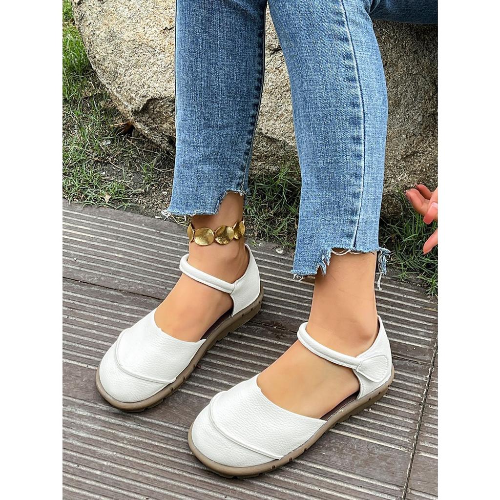 Ladies Mary Jane Flat Dance Lace Adjustable Velcro Closure - Round Head Casual Shoes, Comfortable Brown Single Shoes for All Seasons, Daily Dressing