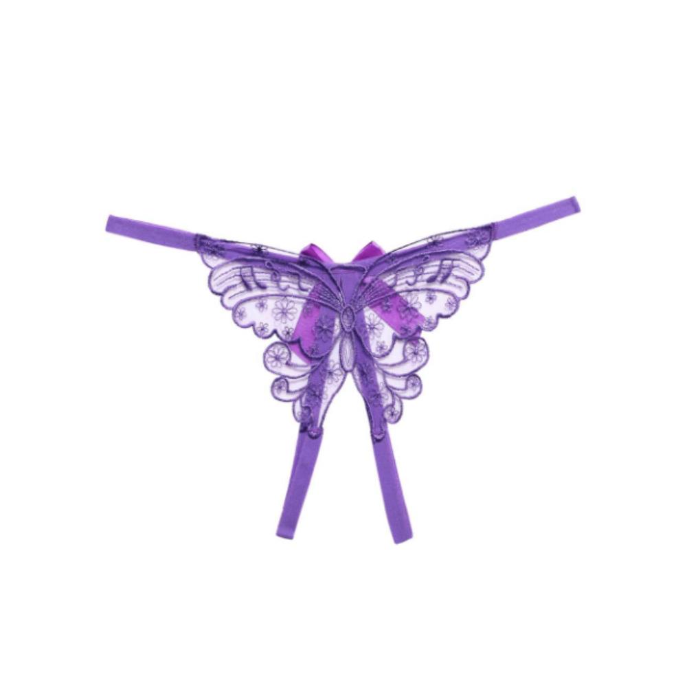 Open Crotch Sexy Mesh Thongs Butterfly Bowknot T-Pants Lingerie Lace Embroidered Panties Women