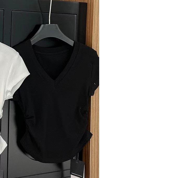 Американский женский топ с V-образным вырезом, однотонный, с короткими рукавами, на плечах, летний, дизайнерский, нишевый, с затяжкой на талии, облегающий, футболка-основа Spice Girl