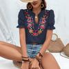 Женская летняя блузка с короткими рукавами, V-образным вырезом, вышивкой, повседневная, пуловер, рубашка, топ с оборками