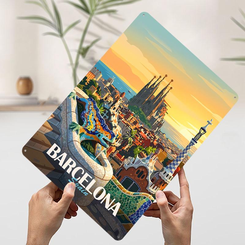 Barcelona Spain Travel Tinplate Poster Customized Wall Art Vintage Retro Metal Signs for Home Decor Gaming Room Decoration Cozy