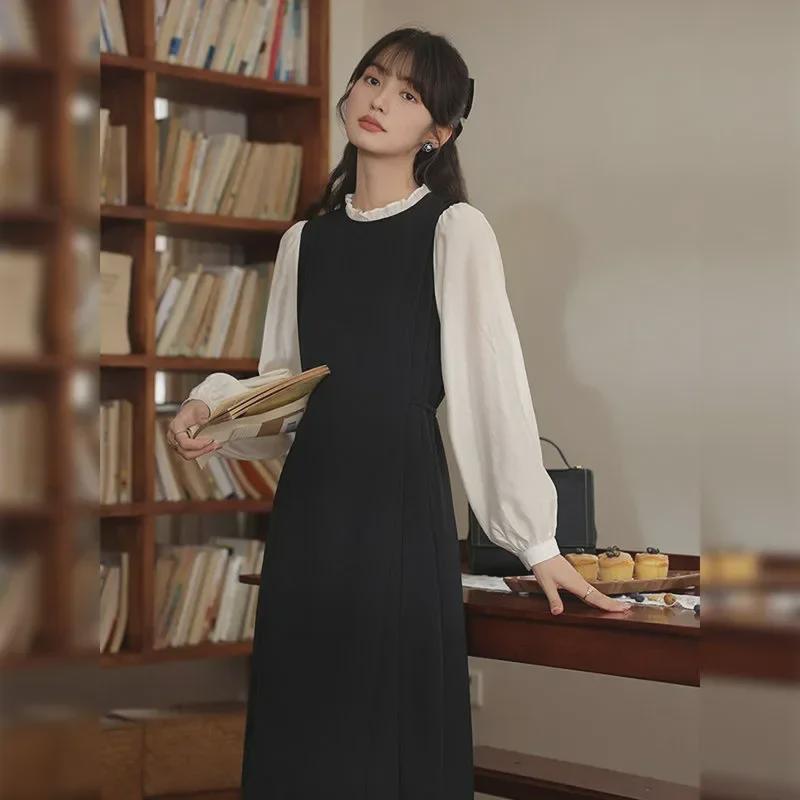 Длинное платье для похудения в корейском стиле с черно-белой строчкой - круглый вырез, длинный рукав, удобная повседневная одежда