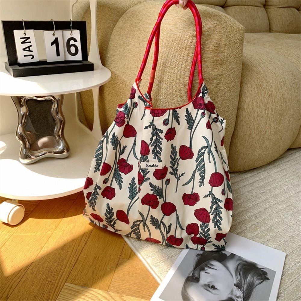 Large Capacity Drawstring Shopping Bag Reusable Travel Tote Bag Portable Canvas Shoulder Bag