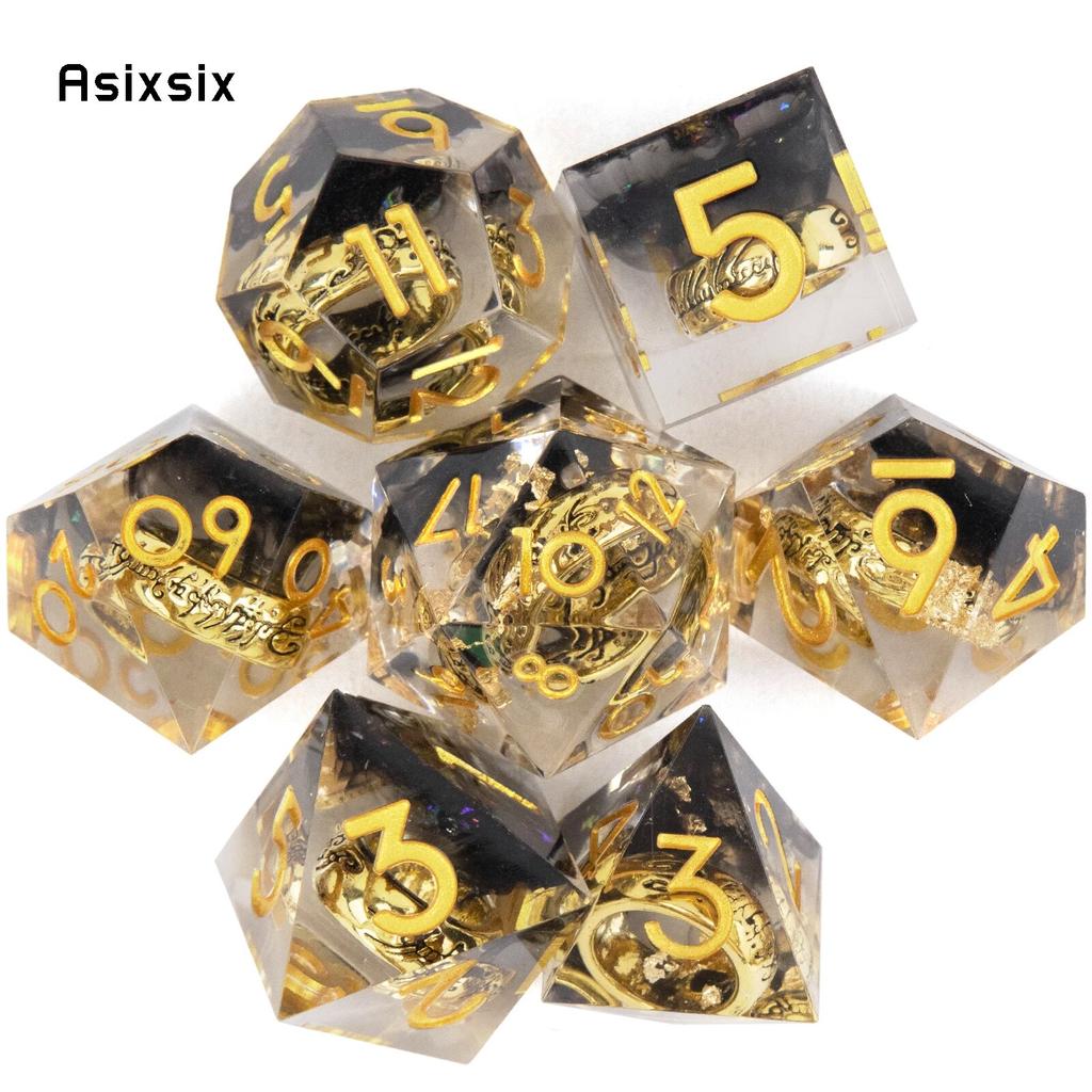 7 Pcs Black Resin Ring Golden Number Sharp Edge Dice Polyhedral Dice Suitable for Role-Playing RPG Board Game