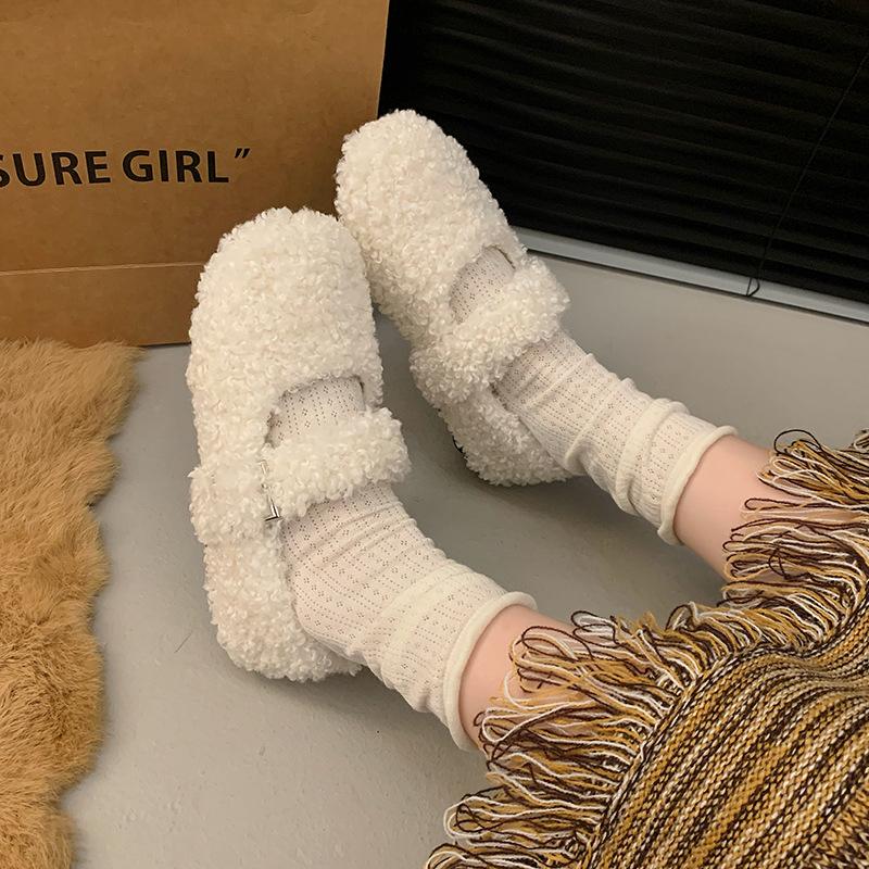 Плоские туфли женские плюшевые тапочки для взрослых тапочки женские флок низкий мех 2024 Рим базовые резиновые Мэри Джейн с мехом короткие Zapatil