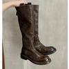 Cowhide Version~ Grape Mother Retro Pleated Thick-soled Long-leg Knight Boots Female British Style Thin Leather High-leg Boots