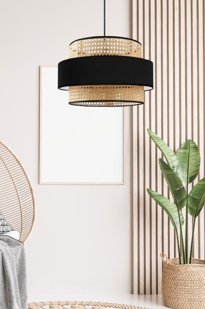 Bohemian Trio Metal Frame Real Rattan and Black Fabric Living Room Chandelier Three-Layer Cake Bedroom Pendant Lamp